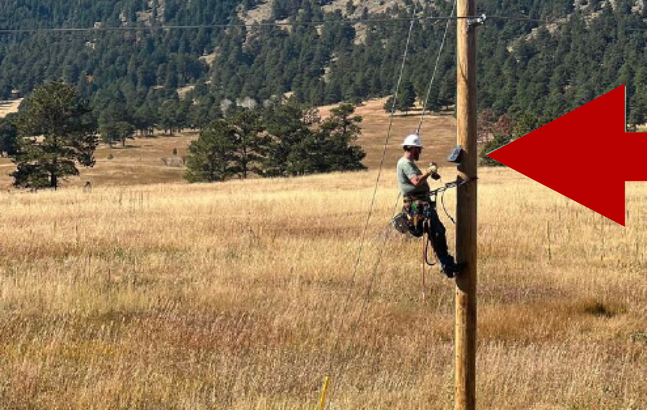 A lineman installs a Gridware device on a power pole. A red arrow points to the device